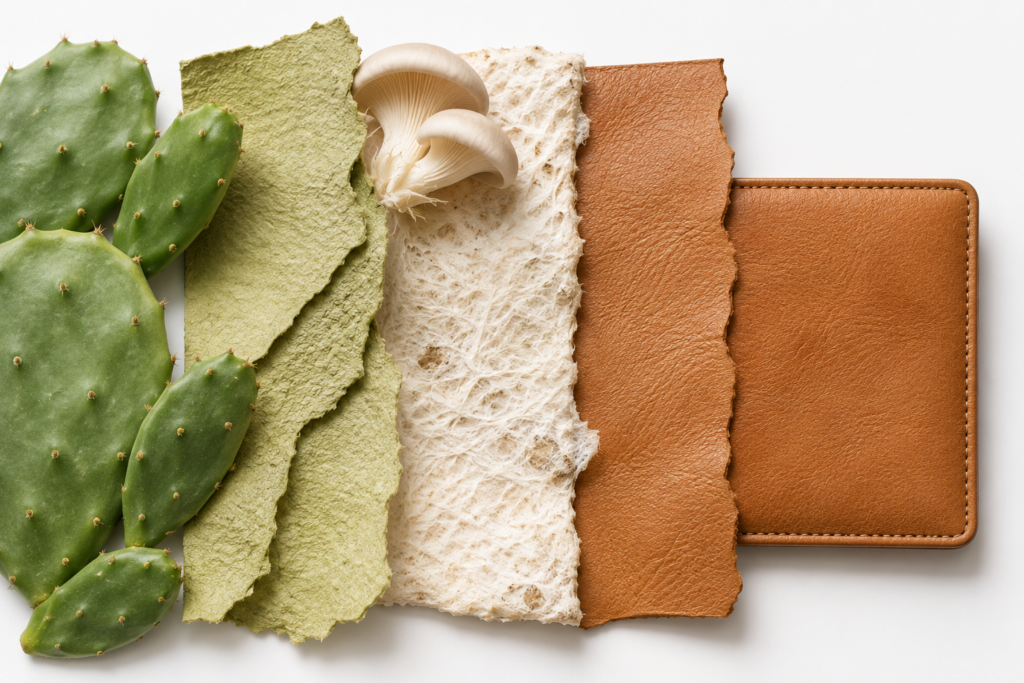 Raw plant materials transforming into bio leather wallets for men