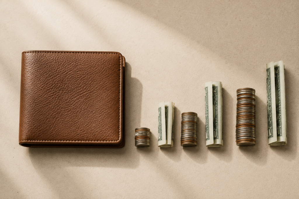 Cost comparison concept showing value of bio leather wallets for men
