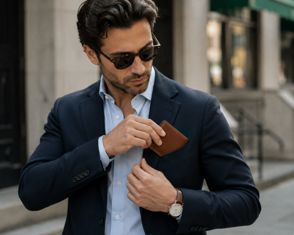 Man using a bio leather wallet for men in an everyday lifestyle setting