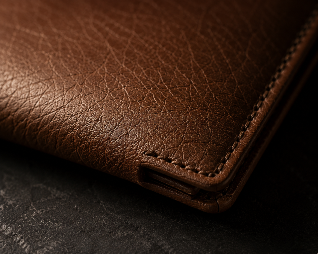 Close-up texture of durable bio leather wallets for men showing stitch quality