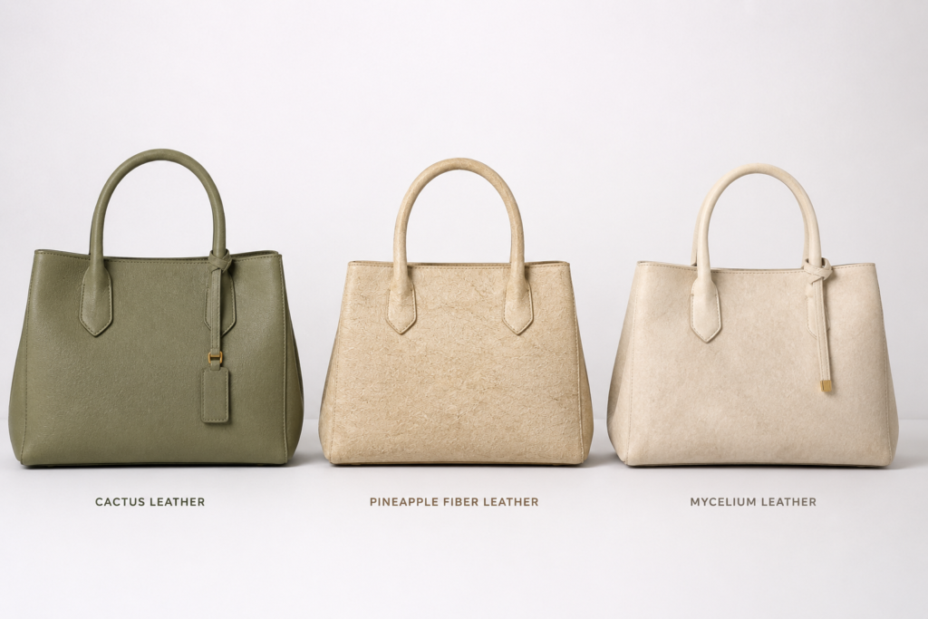 Finished bio leather handbags for women made from cactus, pineapple, and mycelium leather
