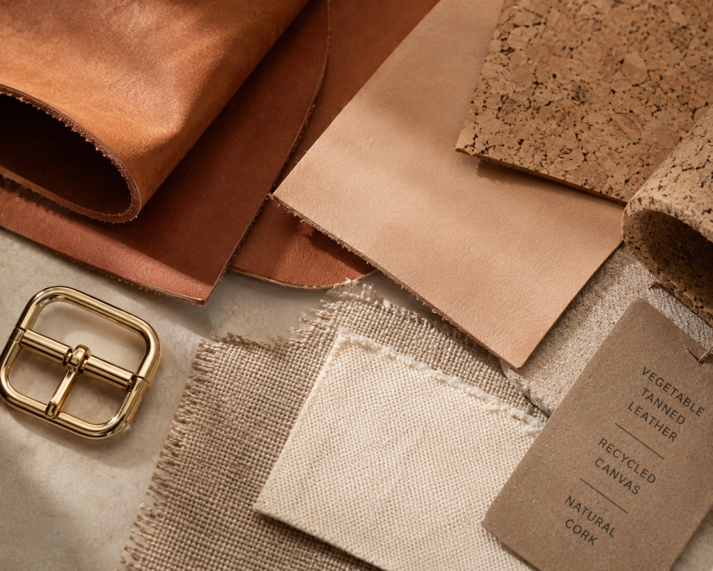 Vegetable-tanned leather material samples used in sustainable handbags for girls