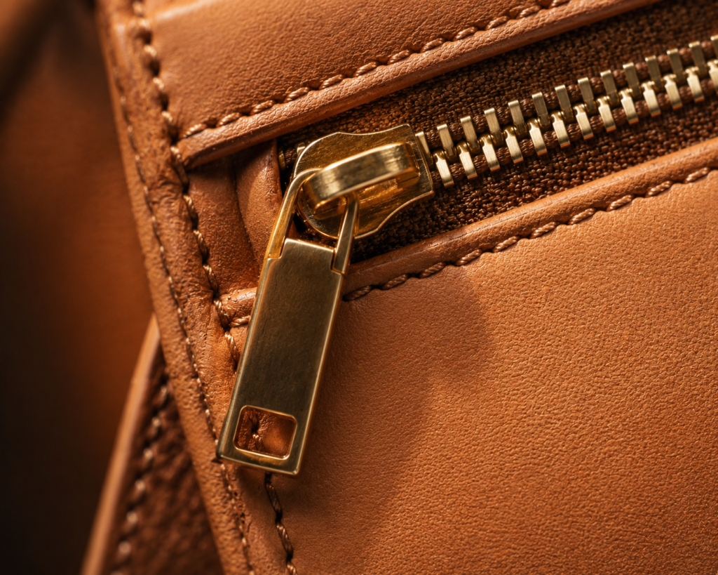 Close-up of stitching and zipper hardware used to check quality in handbags for girls
