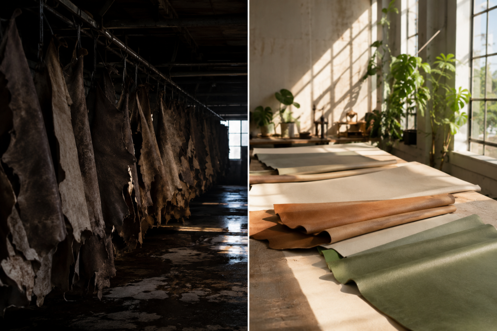 Contrast between traditional animal hide tanning and a bright plant-based leather workshop, illustrating the shift away from animal cruelty