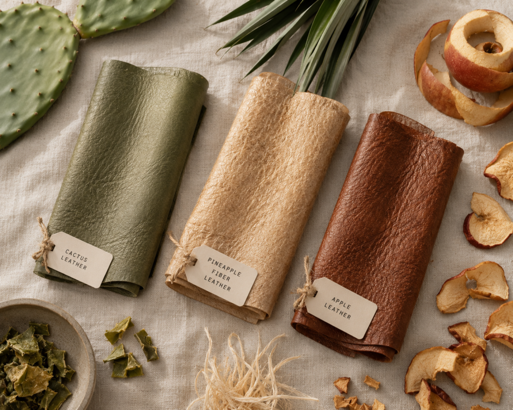 Flat lay of cactus, pineapple, and apple bio leather swatches showing real plant-based materials used in cruelty-free handbags