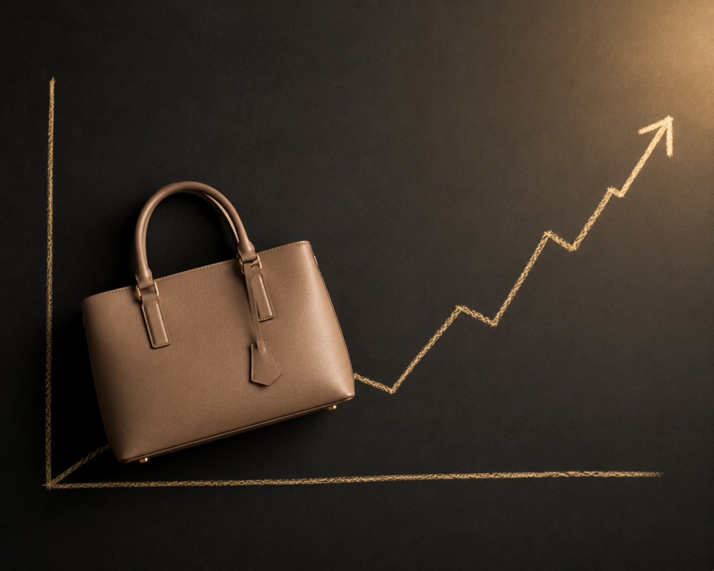Bio leather handbag paired with an upward growth chart representing the value and durability of cruelty-free materials