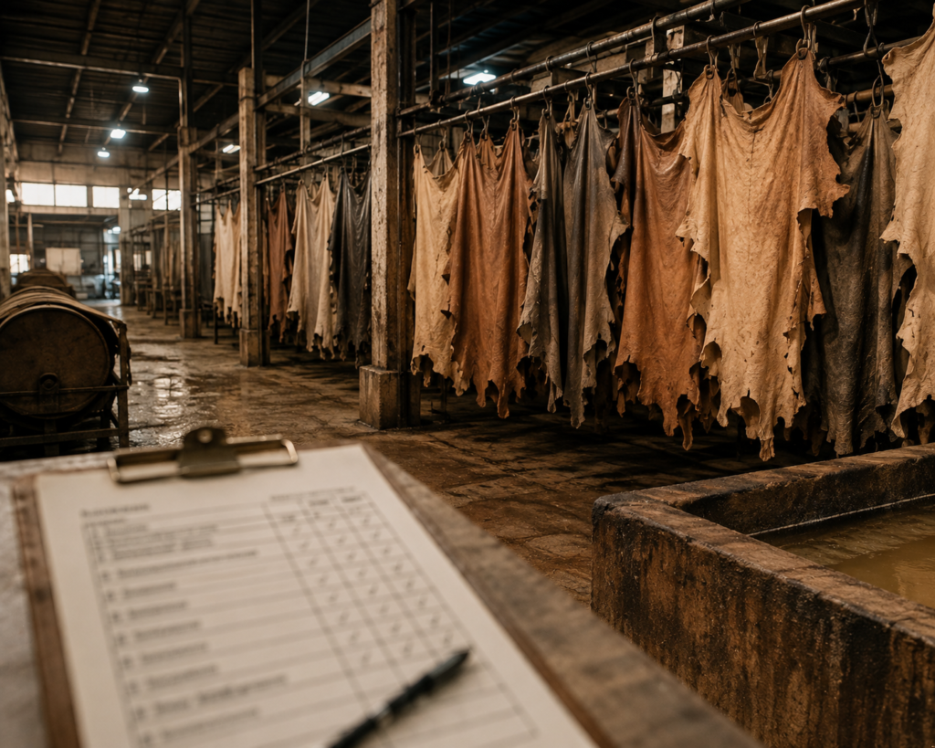 Leather tannery hides hanging with audit checklist flagging animal cruelty supply chain risk