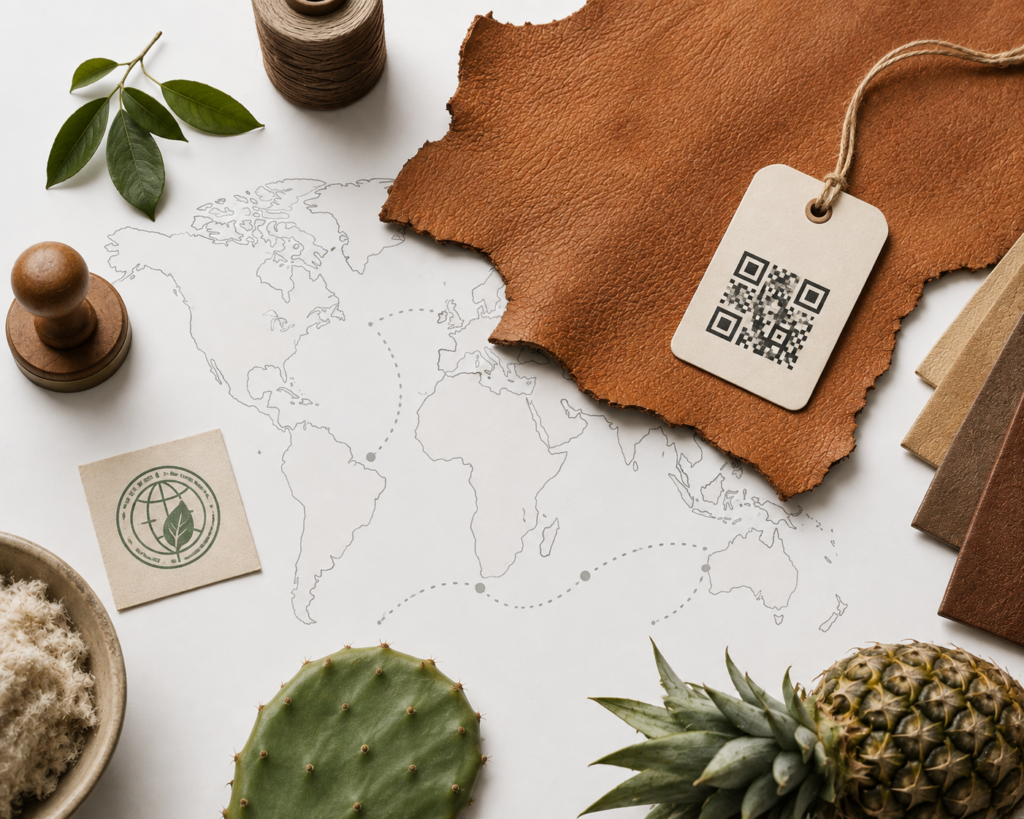 Leather hide traceability tag and certification stamp verifying animal cruelty-free sourcing