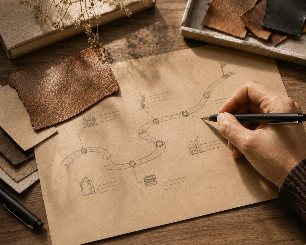 Leather brand roadmap sketch for eliminating animal cruelty without losing profit margin