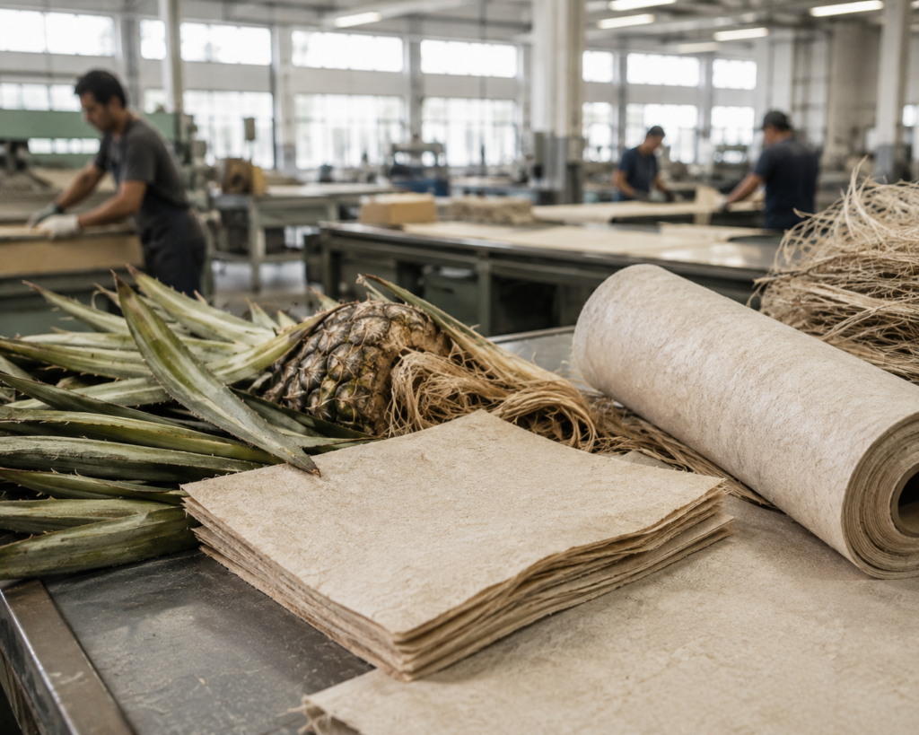 Pineapple leaf fibers being processed into vegan leather sheets in a factory