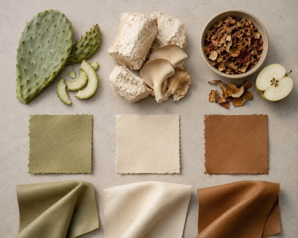Raw plant materials like cactus and mycelium next to finished vegan leather swatches