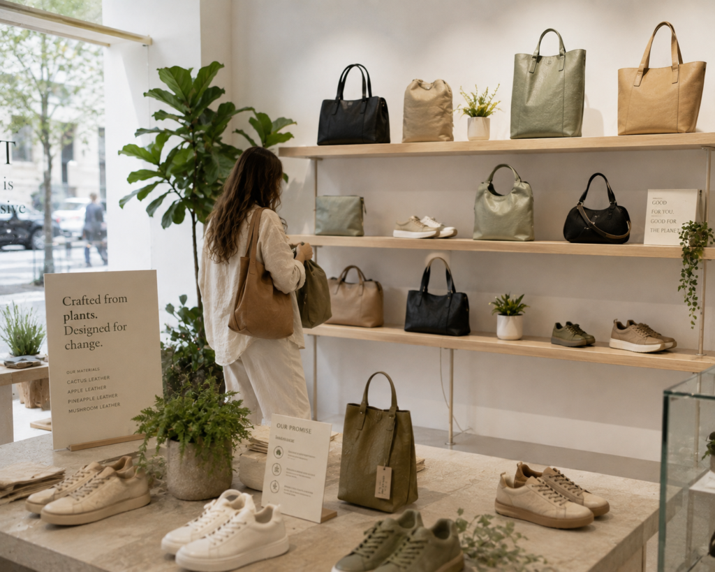 Retail display of vegan leather handbags and sneakers on store shelving