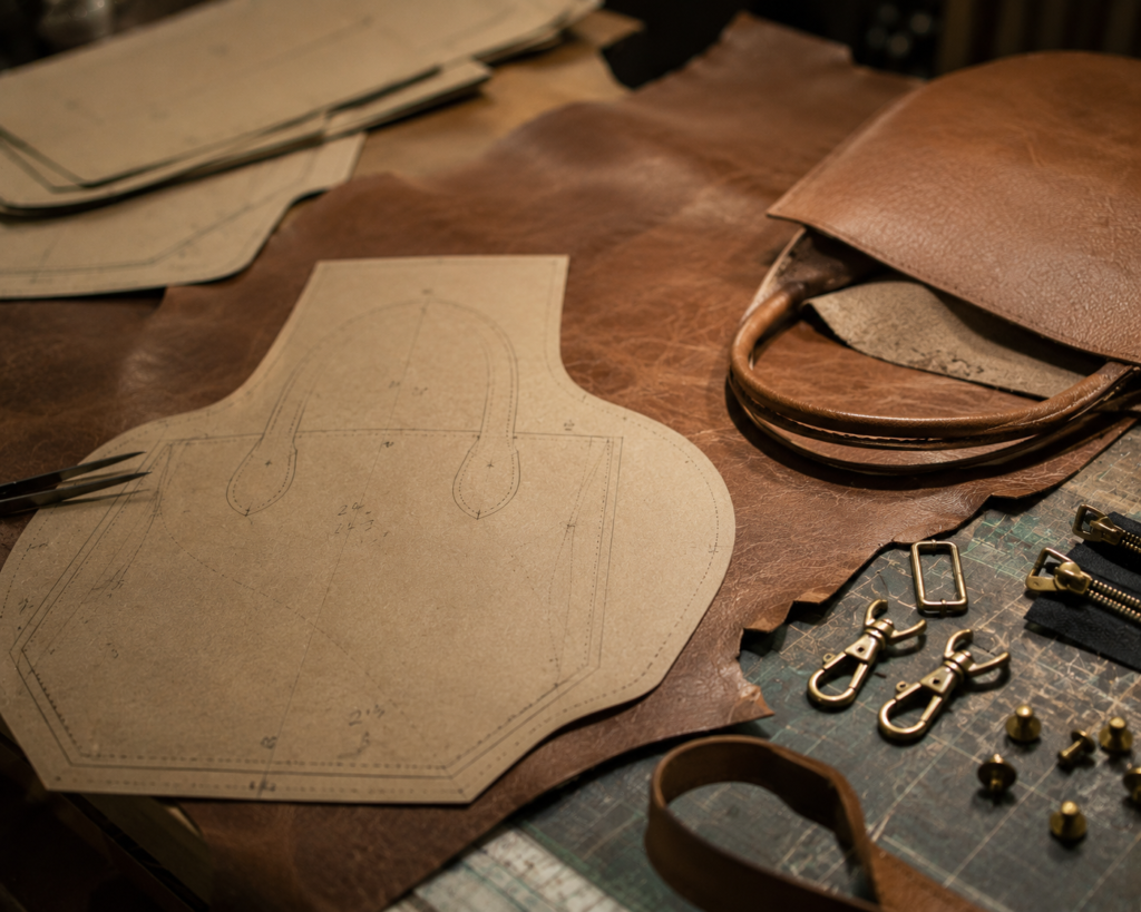 Leather pattern and hardware laid out on a handbag production cutting table