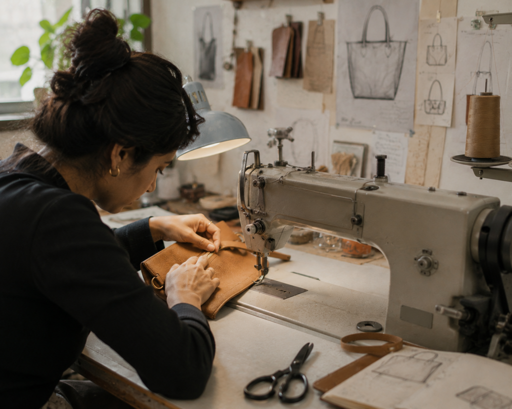 Designer hand-stitching a leather handbag sample in a studio