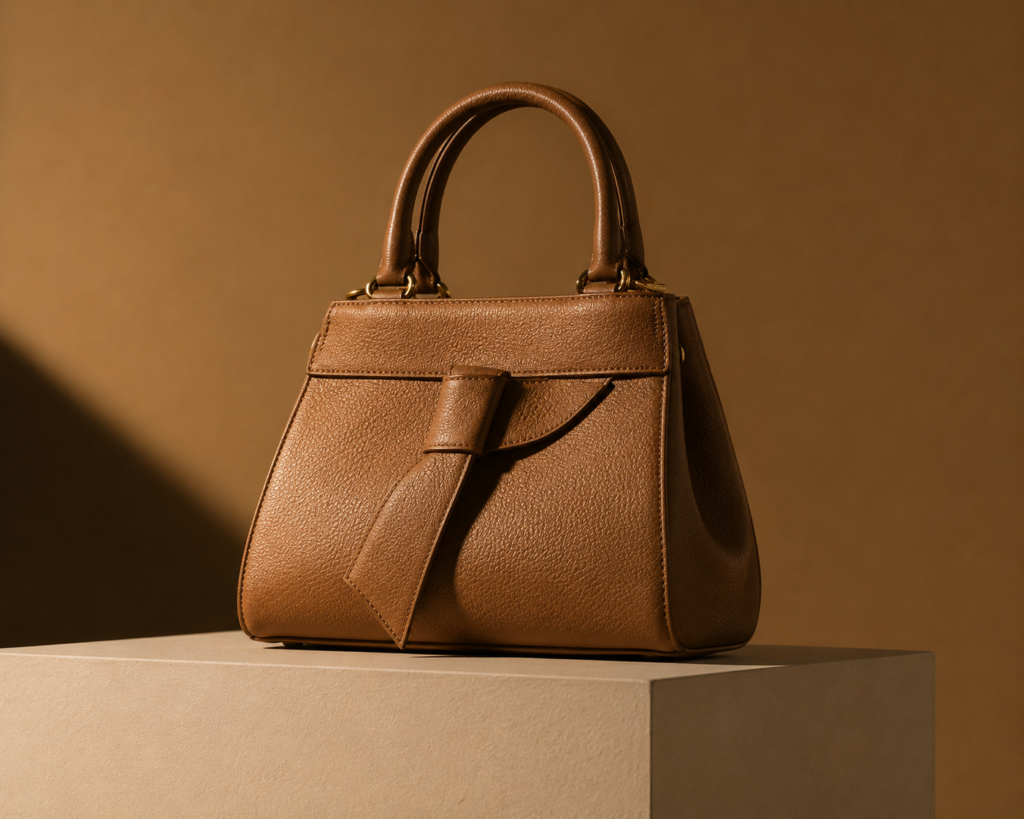 Structured leather handbag displayed as a brand's signature silhouette