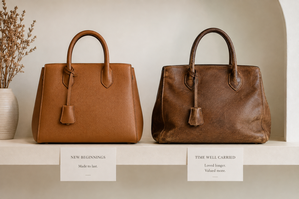 Two leather handbags of different ages shown side by side, illustrating resale durability